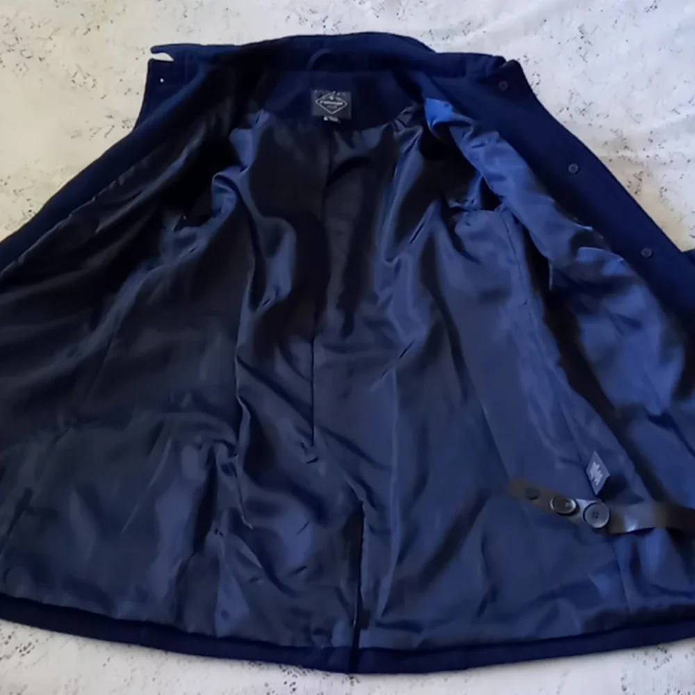 St. John's Bay Women's Navy Wool Blend Coat With Removable Hood Size Petite Med